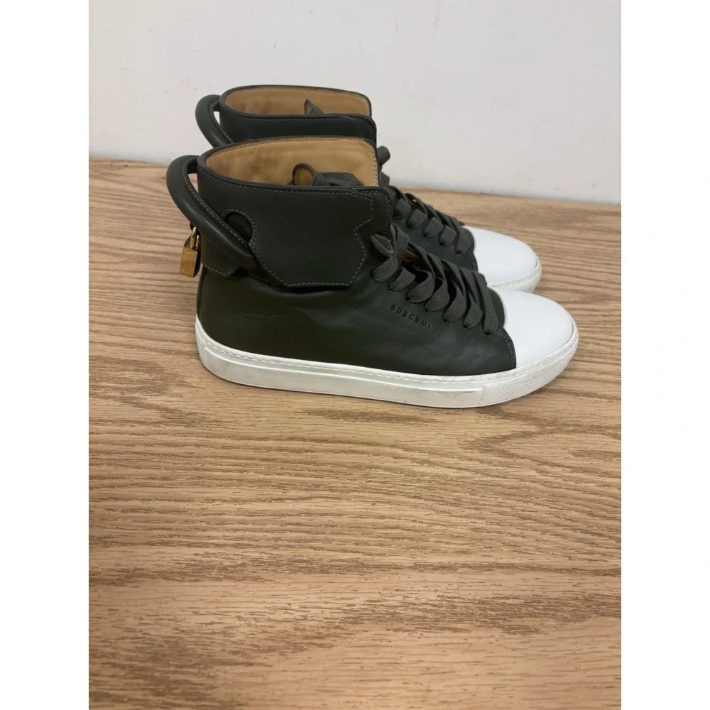 BUSCEMI Olive Green High Top Leather Lace Up Sneaker Gold Hardware Sz 40